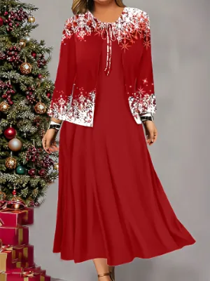 Two-Piece Elegant Suit - Women's Fashion Christmas Dress with Printed Coat, Stylish and Chic Design for Holiday Parties